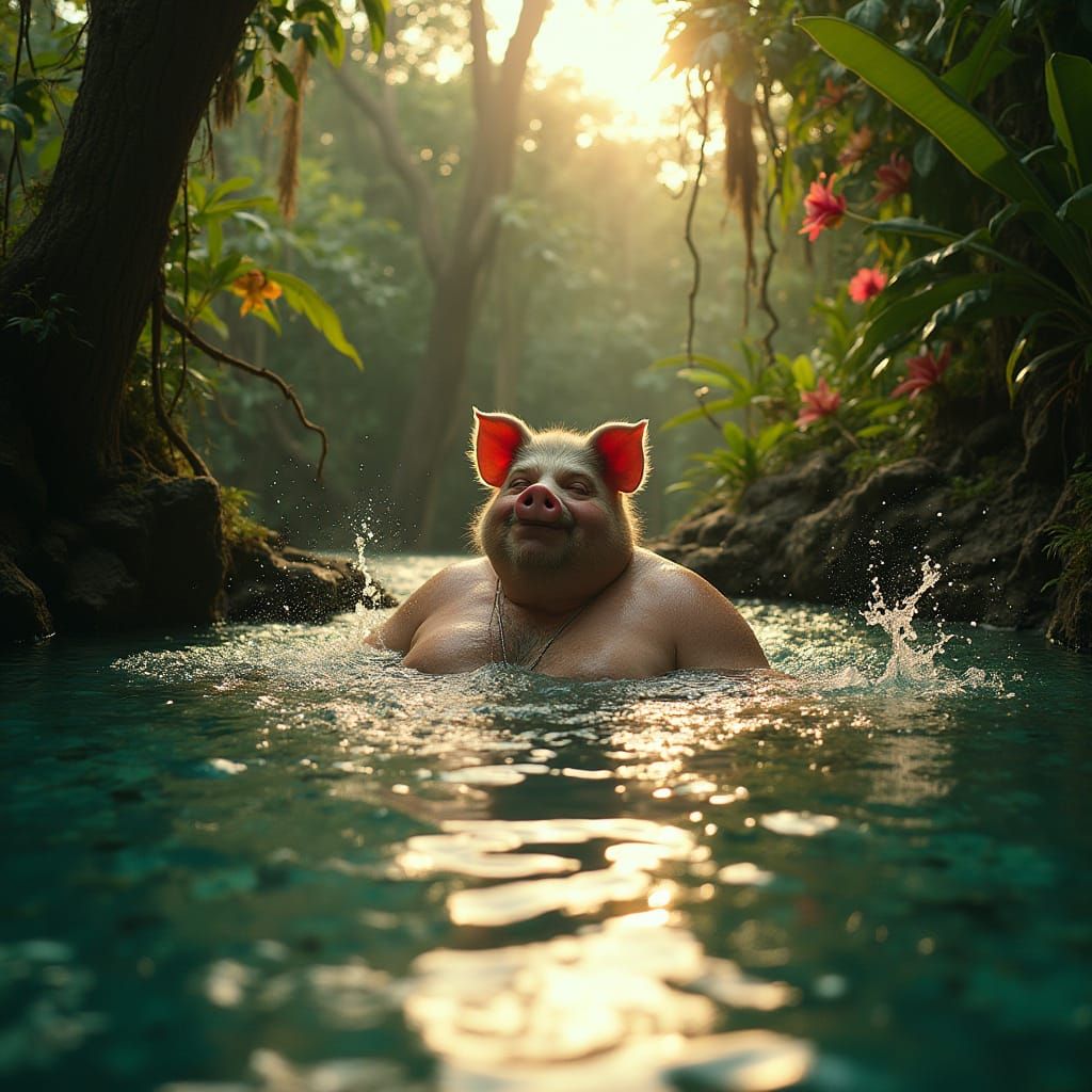 Middle-Aged Man with Pig's Head Soaks in Exotic Jungle Hot S...
