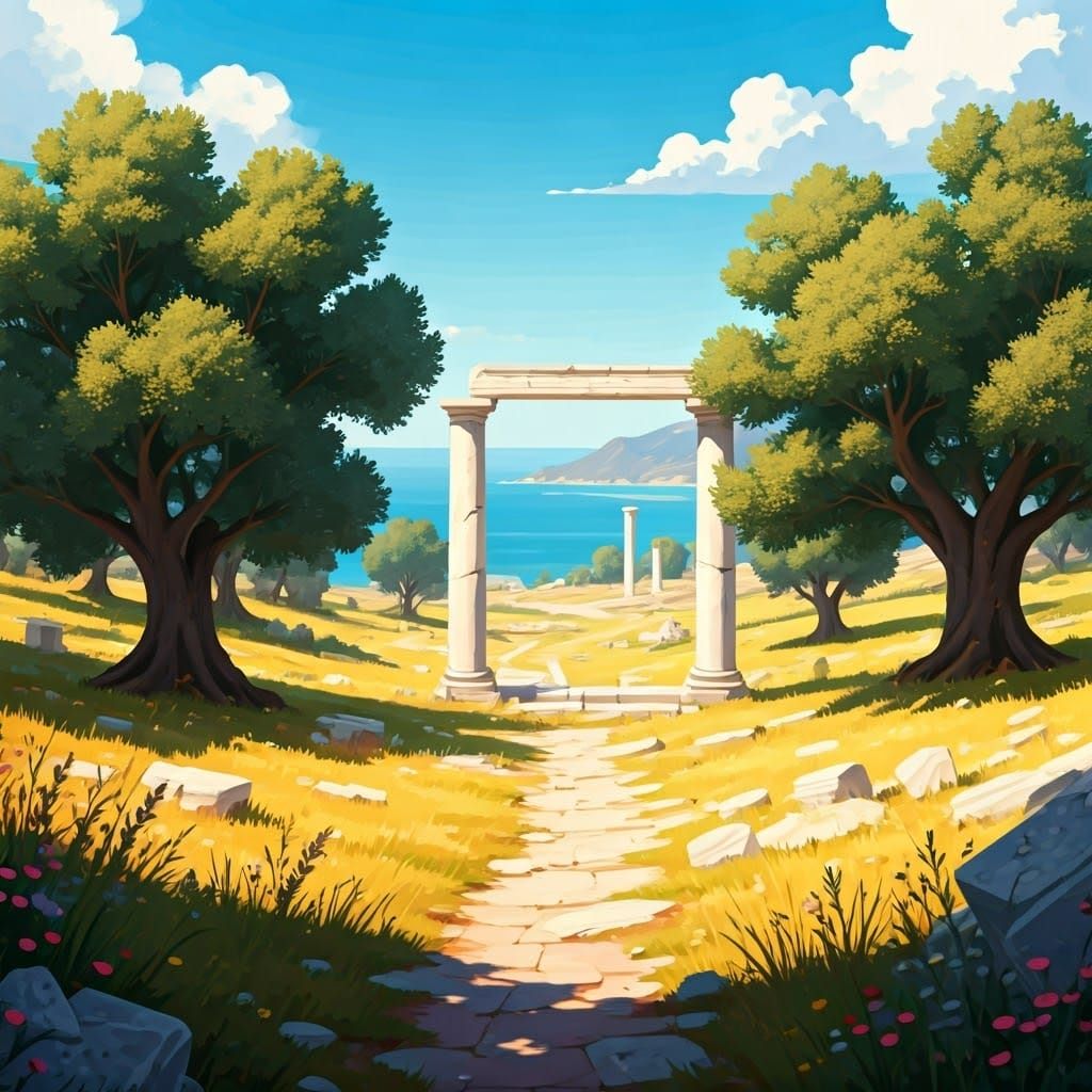 Idyllic Ancient Landscape with Marble Columns and Blooming T...