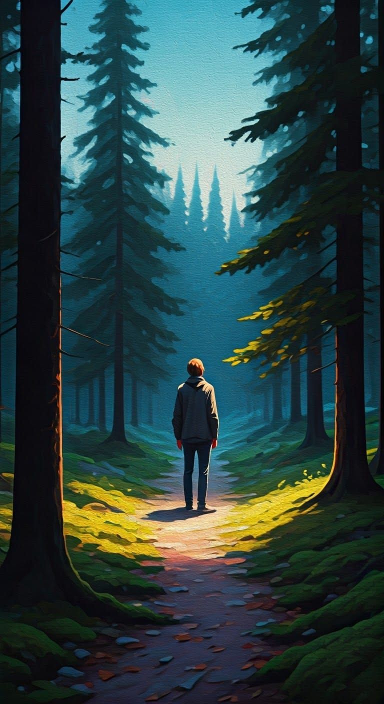 A Figure Contemplates in Forest Clearing at Dusk