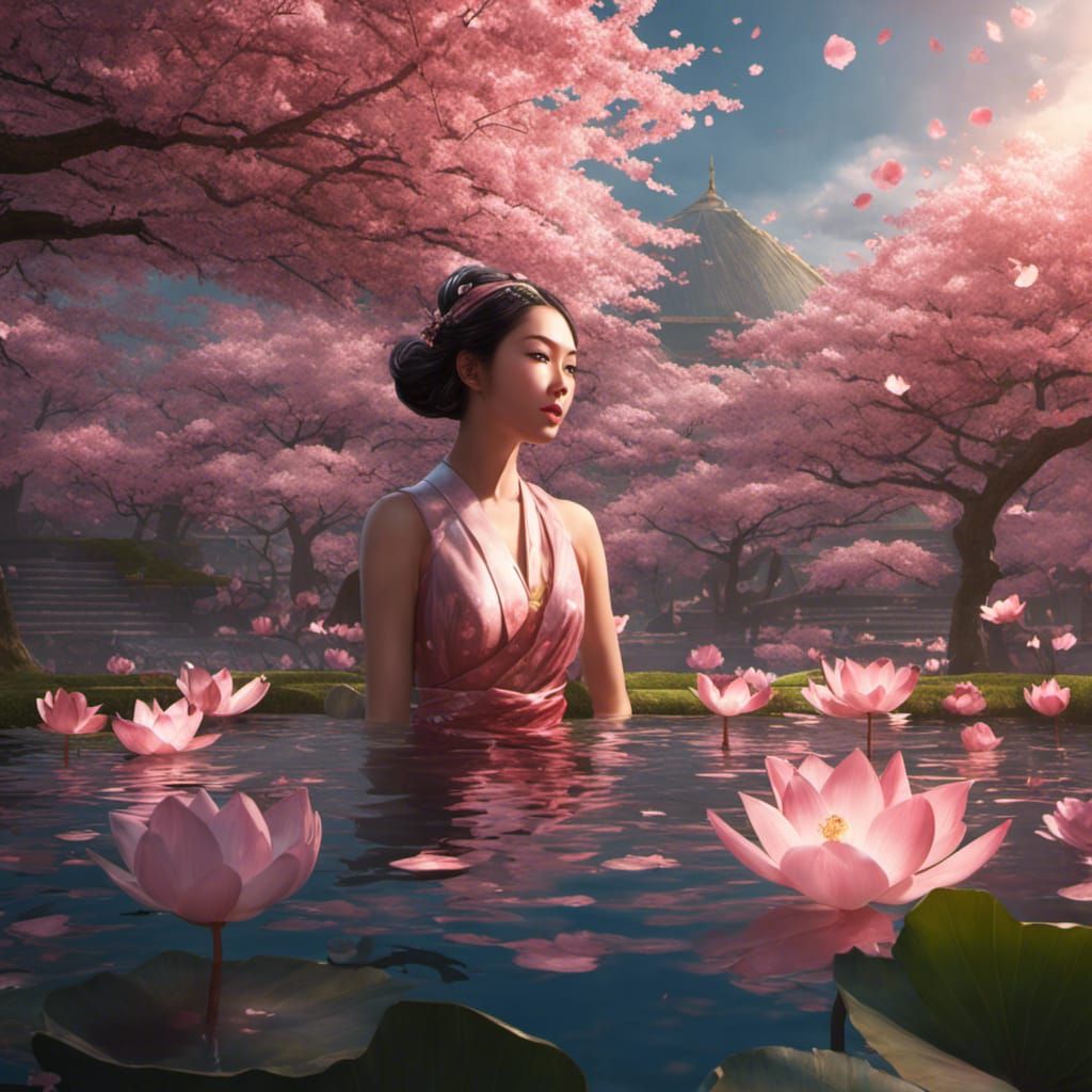 Sakura Woman Bathing in Lotus Pond Concept Art
