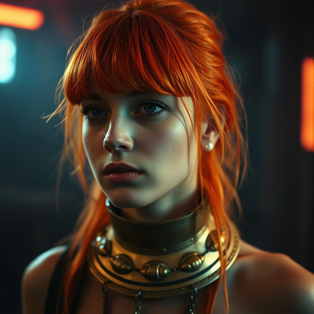 Electric Orange Hair with Brass Collar, Cinematic Lighting
