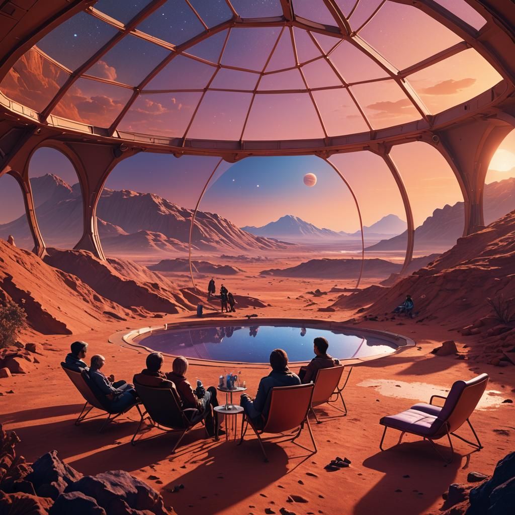 Martian Leisure Dome Sunset: Sci-Fi Concept Art