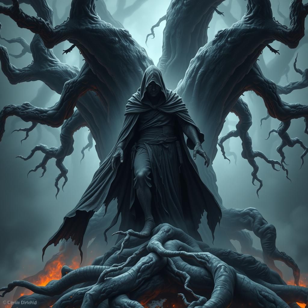 Sorcerer in Dark Forest with Eerie Aura