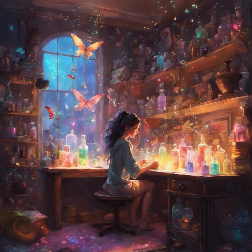 Fairy Work Desk with Rainbow Potions in Digital Art