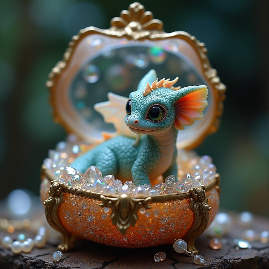 Whimsical Baby Dragon in Opal Scales and Glass Jewelry