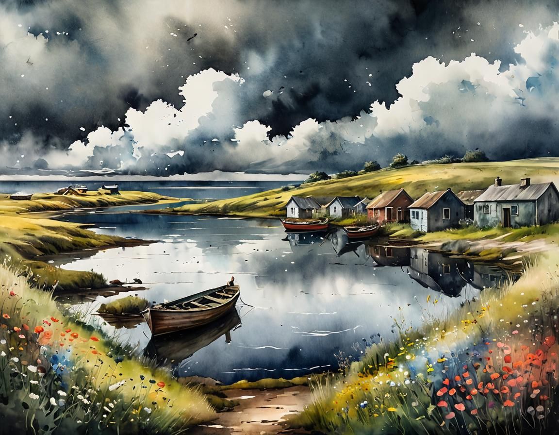 Moody Watercolor: Abandoned Village with Wildflowers