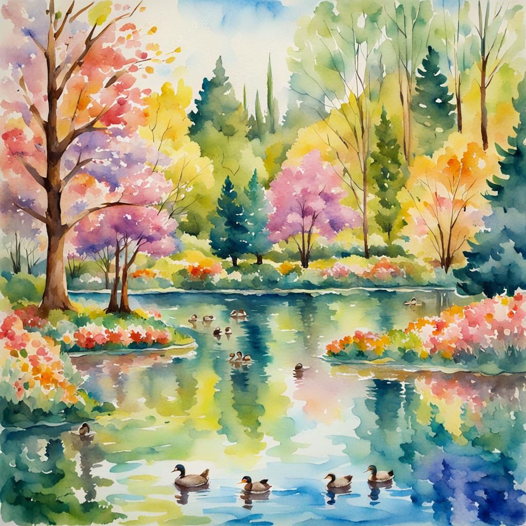 Colorful Spring Park: Baby Ducks in Watercolor Style