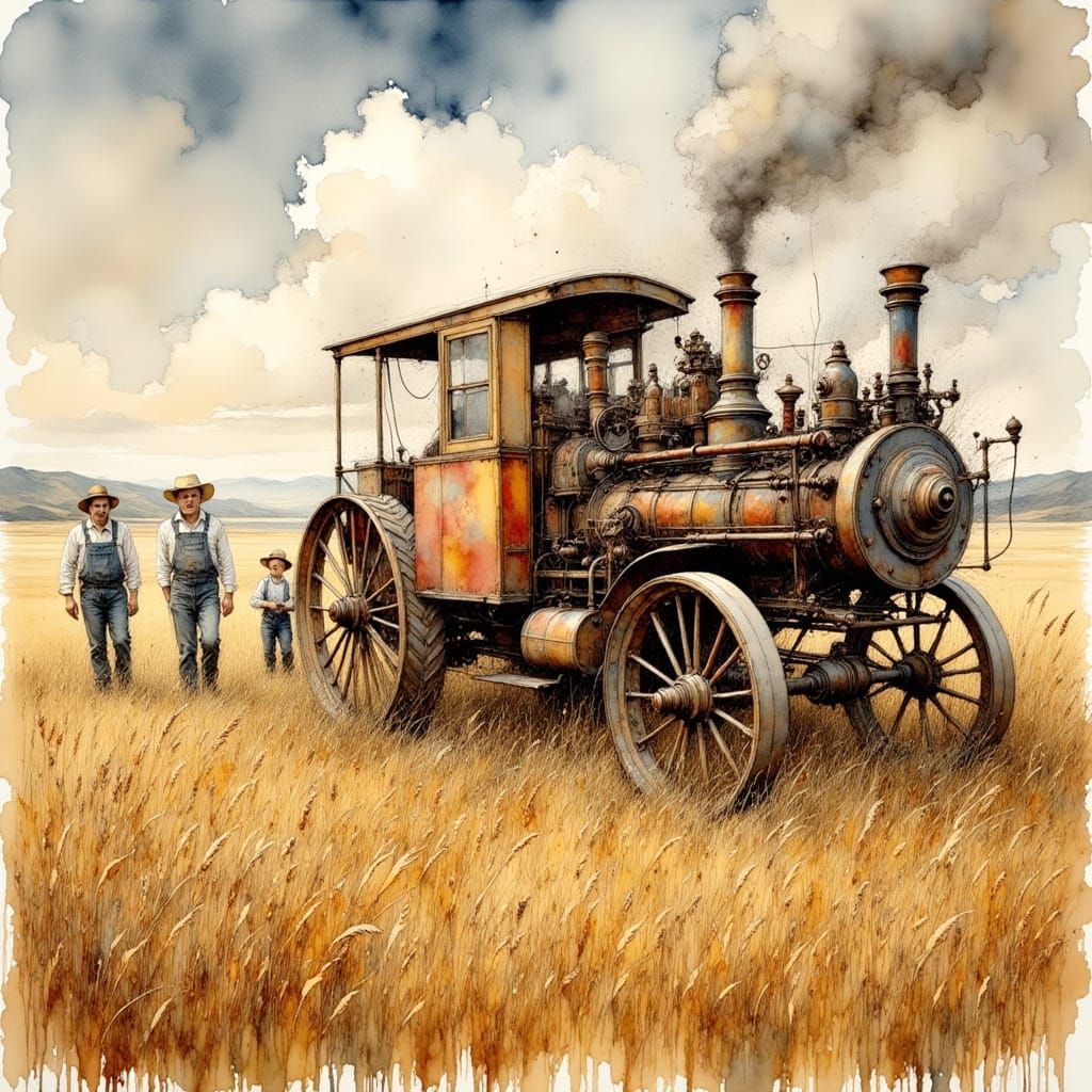 Vintage Threshing Machine in Golden Wheat Field