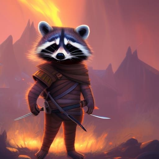 Raccoon Warrior with Sword in Fantasy Landscape