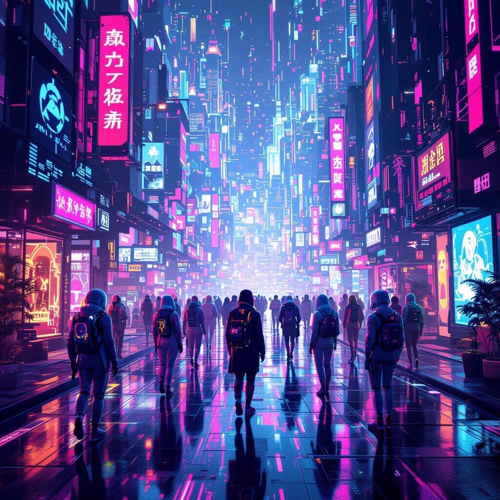 Futuristic Metaverse Gathering in Neon Digital Cityscape