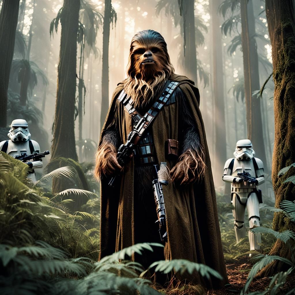Chewbacca as Jedi in Endor Jungle, Cinematic Film Still