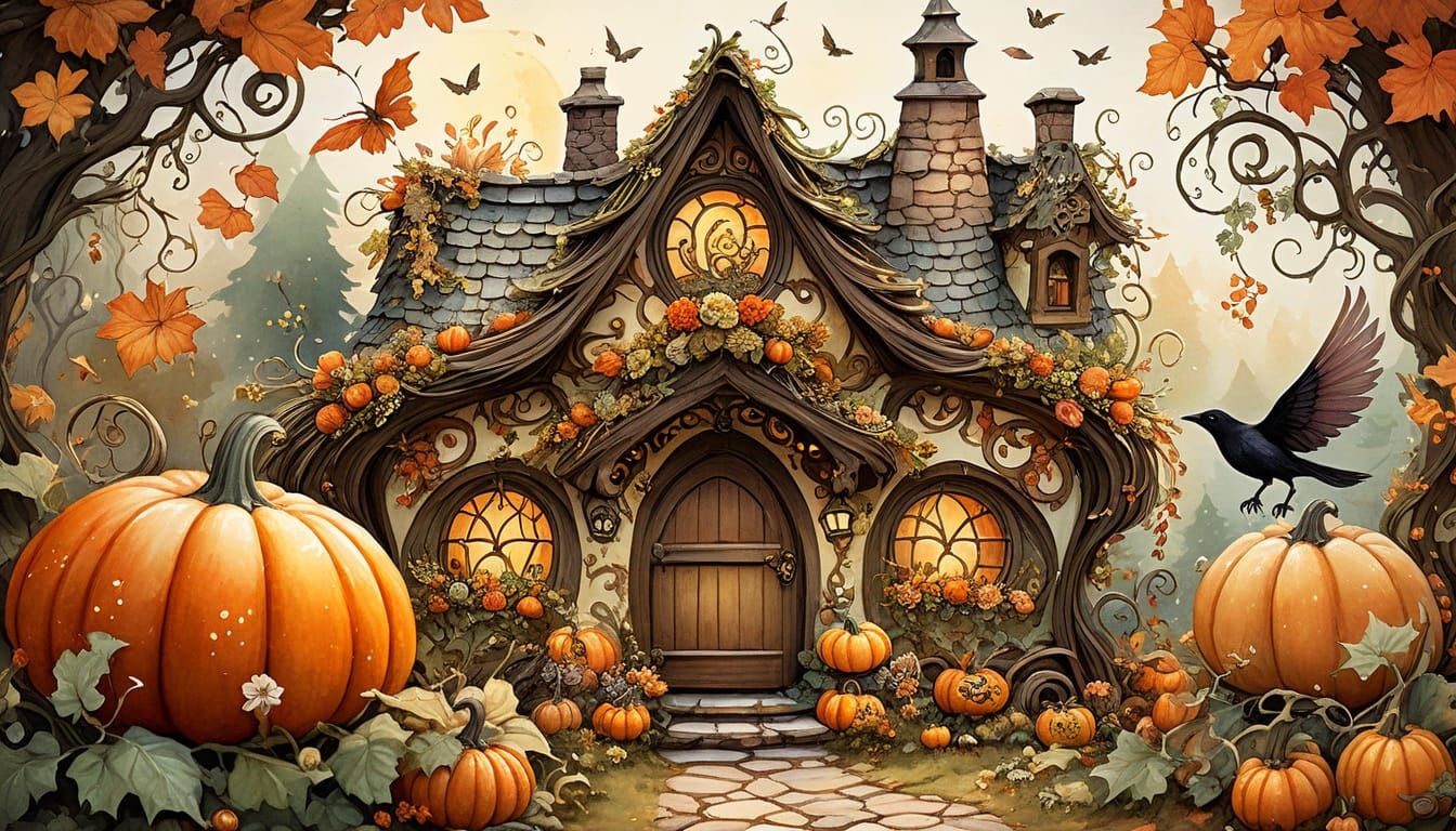 Autumn Fairy in Enchanted Forest with Pumpkins and Florals