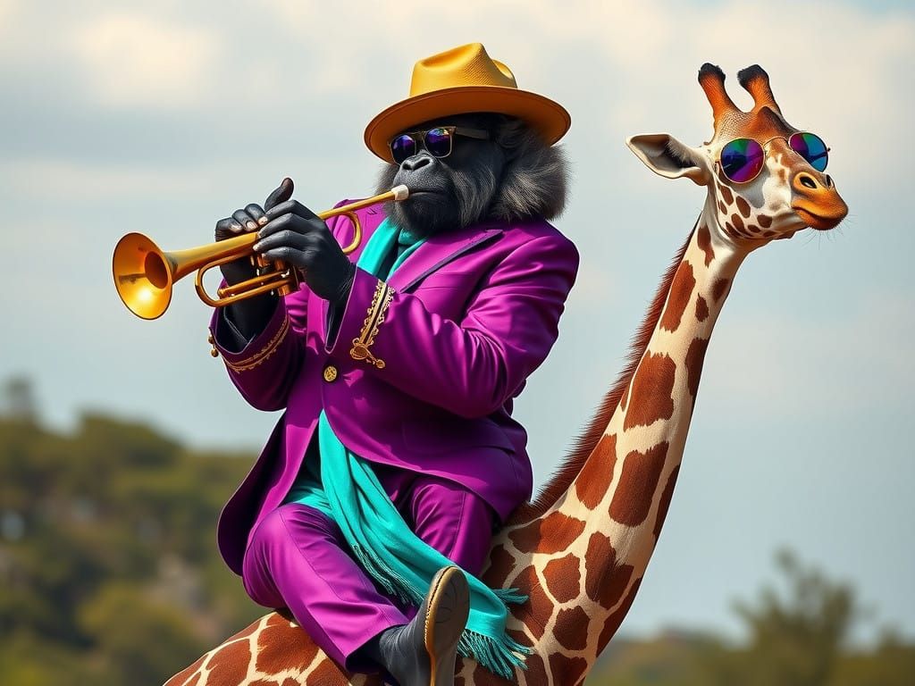 A gorilla playing a trumpet while riding a giraffe that is wearing a scarf and oversized sunglasses and dancing.