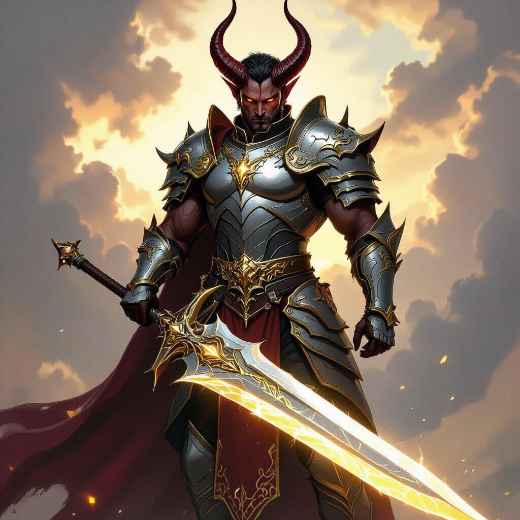 Paladin Tiefling Wields Ethereal Greatsword in Fantasy Art S...
