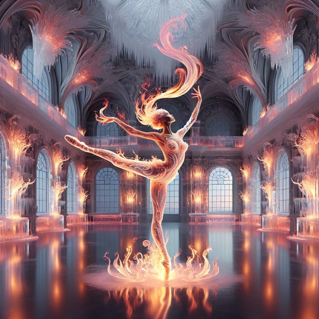 Ballerina Dancing with Flames in Icy Baroque Ballroom