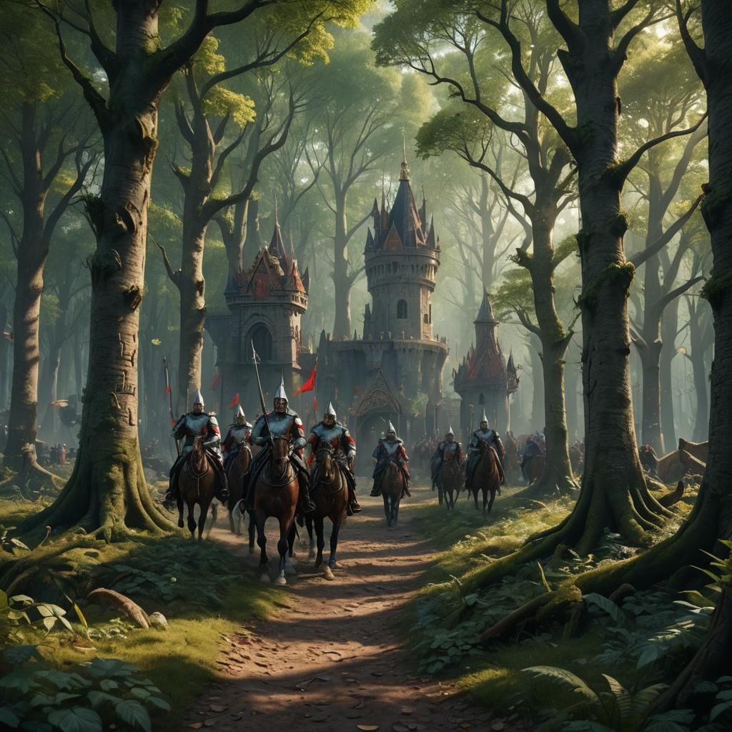 Royal Guards Passage in Medieval Forest, Detailed Matte Pain...