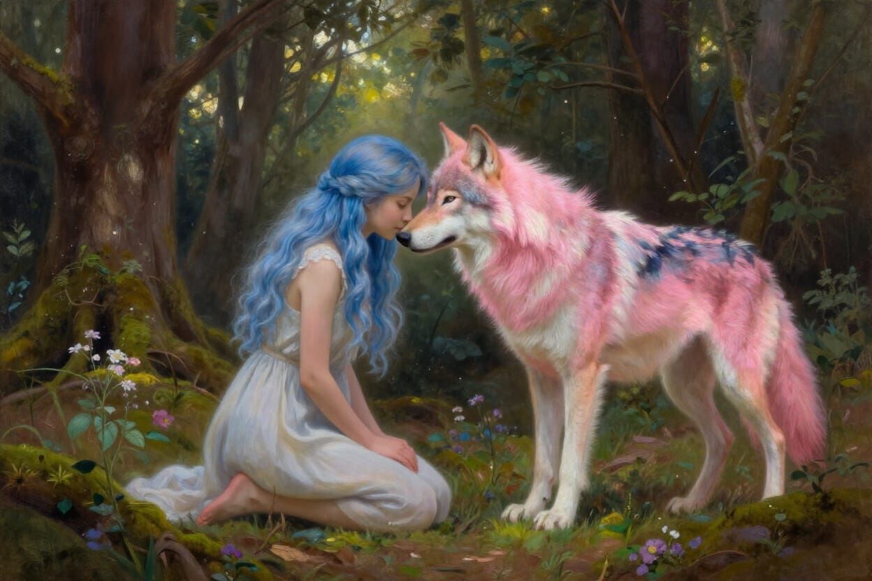 Girl and Pink Wolf in Sunlit Forest