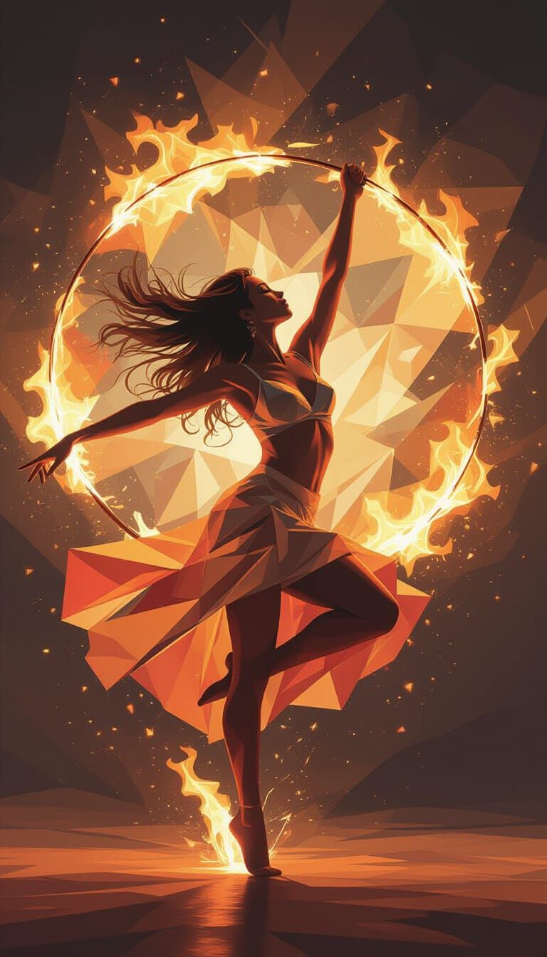 Dancer Leaping with Fire Poi in Abstract Cubist Style