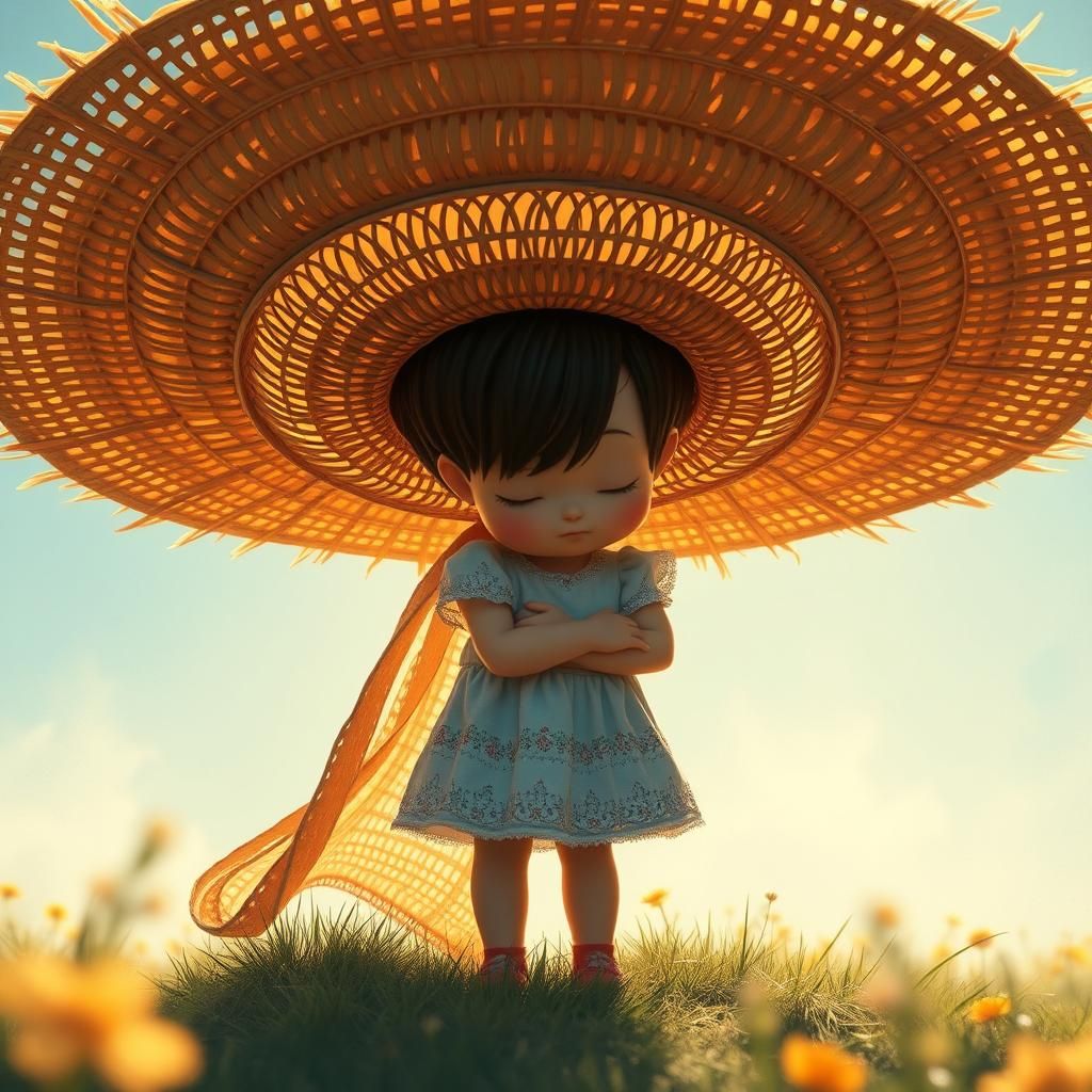 Child Under Monumental Sun Hat in a Whimsical Style