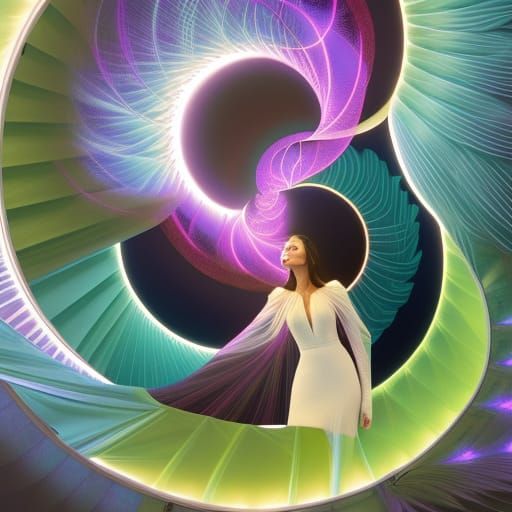 Woman Before Spiral Staircase in Ethereal Style