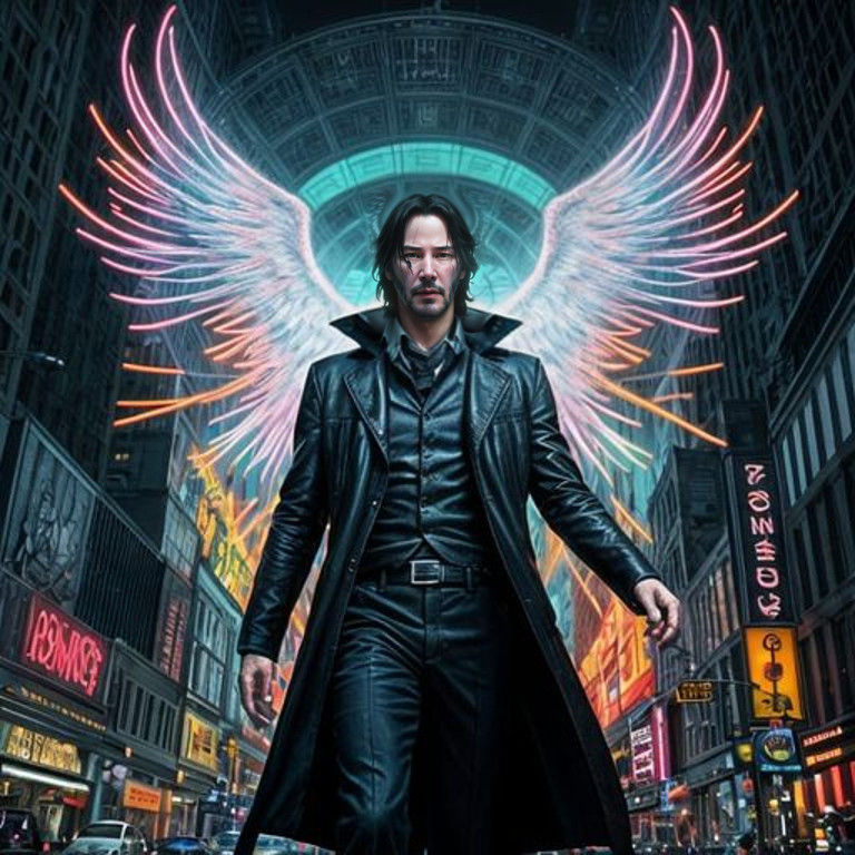 Surreal Pop Art Depiction of Keanu Reeves as John Constantin...