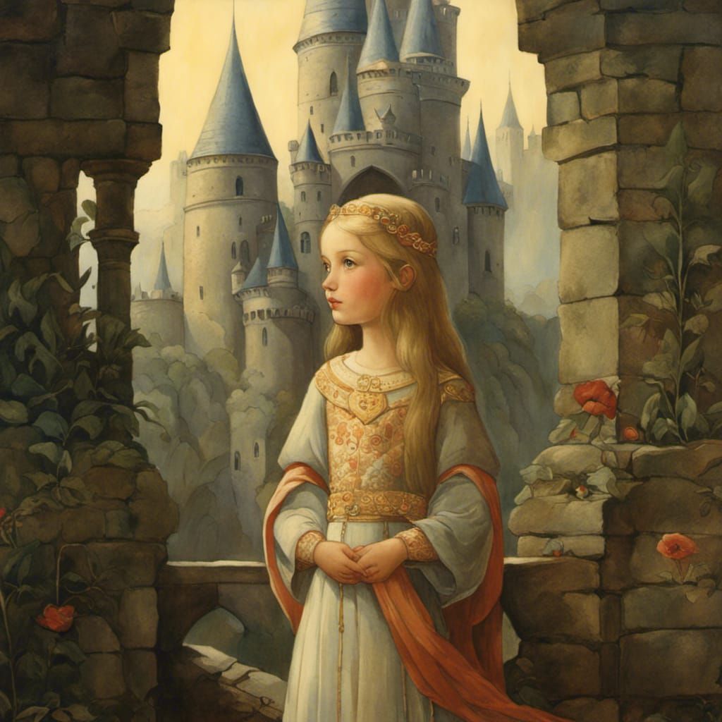 Moody Princess in Medieval Castle, Art Nouveau Style