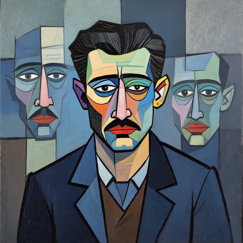 Autistic Man's Turmoil: A Cubist-Style Painting
