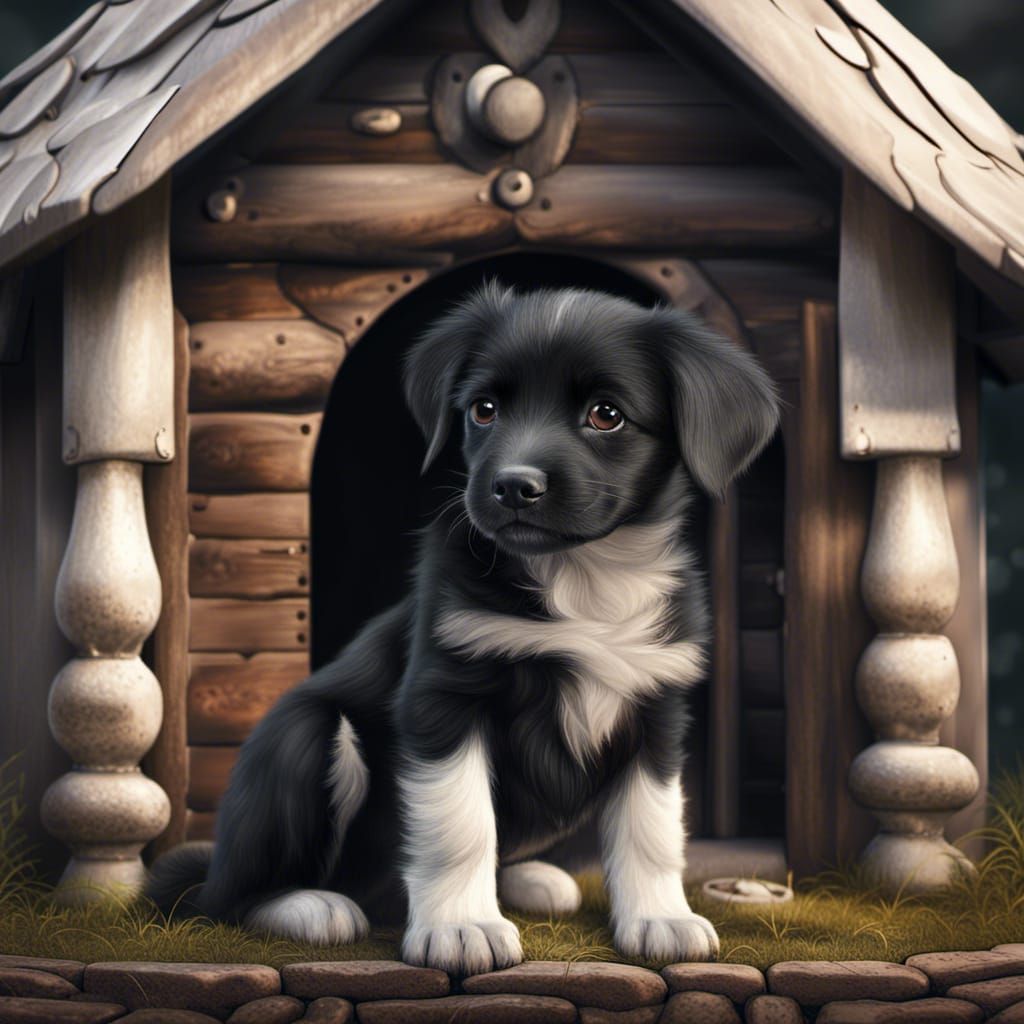 Cute Black Puppy in Detailed Matte Painting