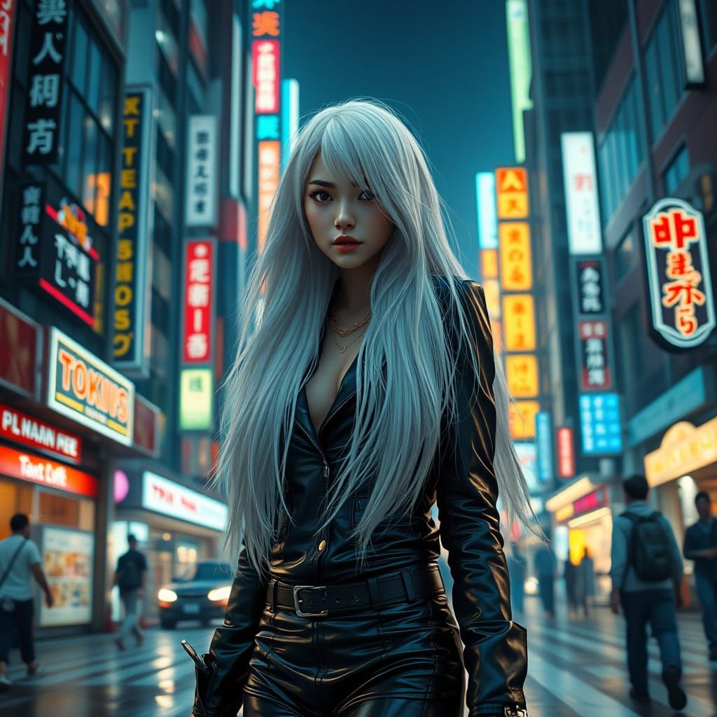 Ethereal Asian Woman Strolls Tokyo Streets in All-Black Atti...
