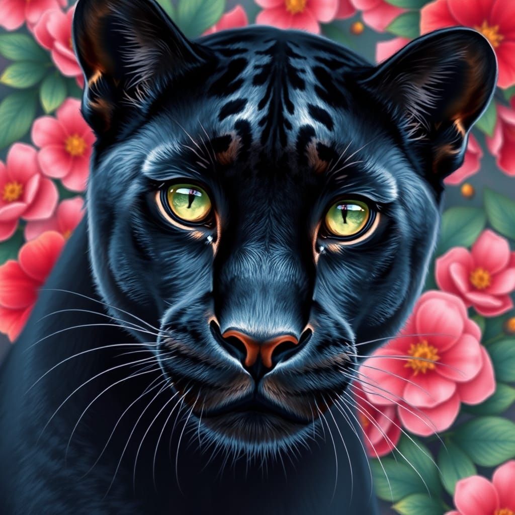 Black Panther with Floral Background in Gouache Style