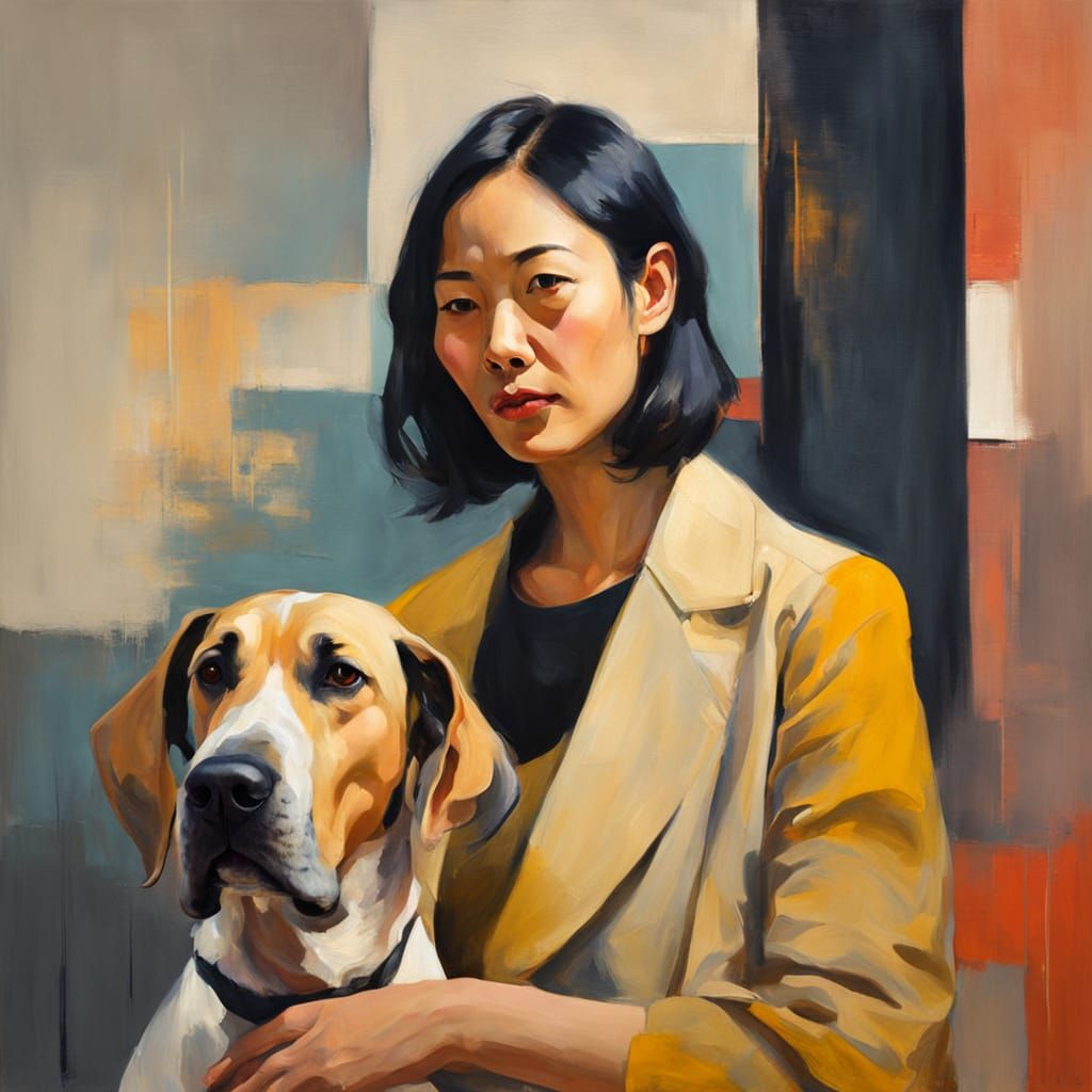Stylish Woman and Great Dane in Modernist Oil Painting