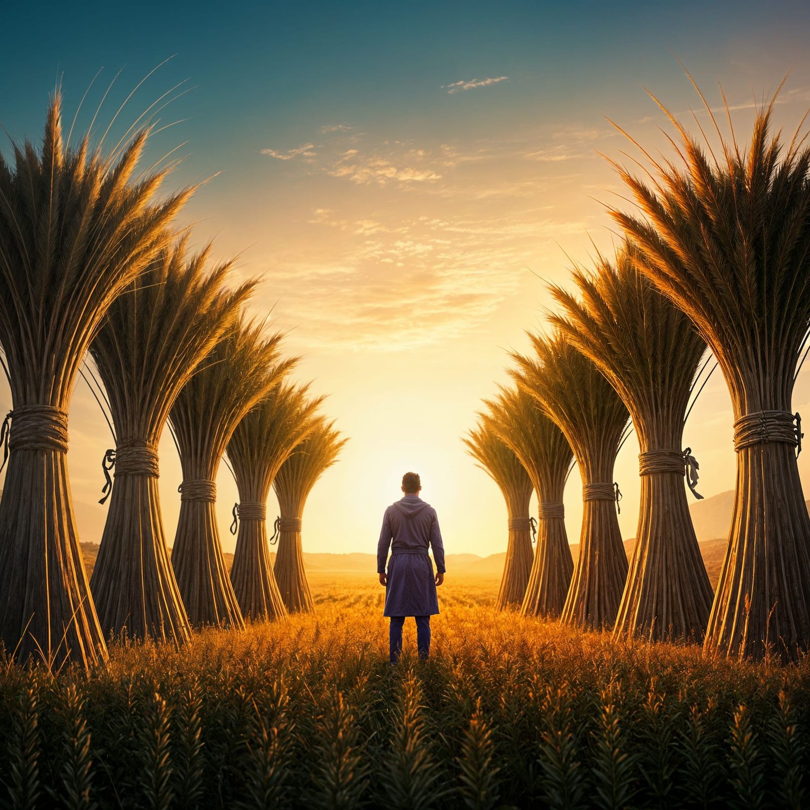 Figure in Golden Wheat Field with Tribute Bundles