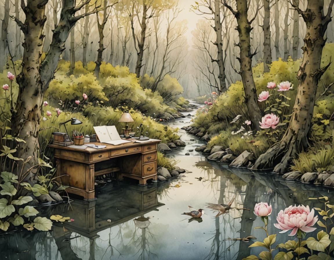 Spring Forest River: Watercolor and Ink Painting