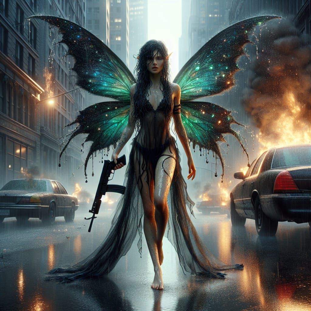 Fairy of Destruction Amidst a Fiery Cityscape