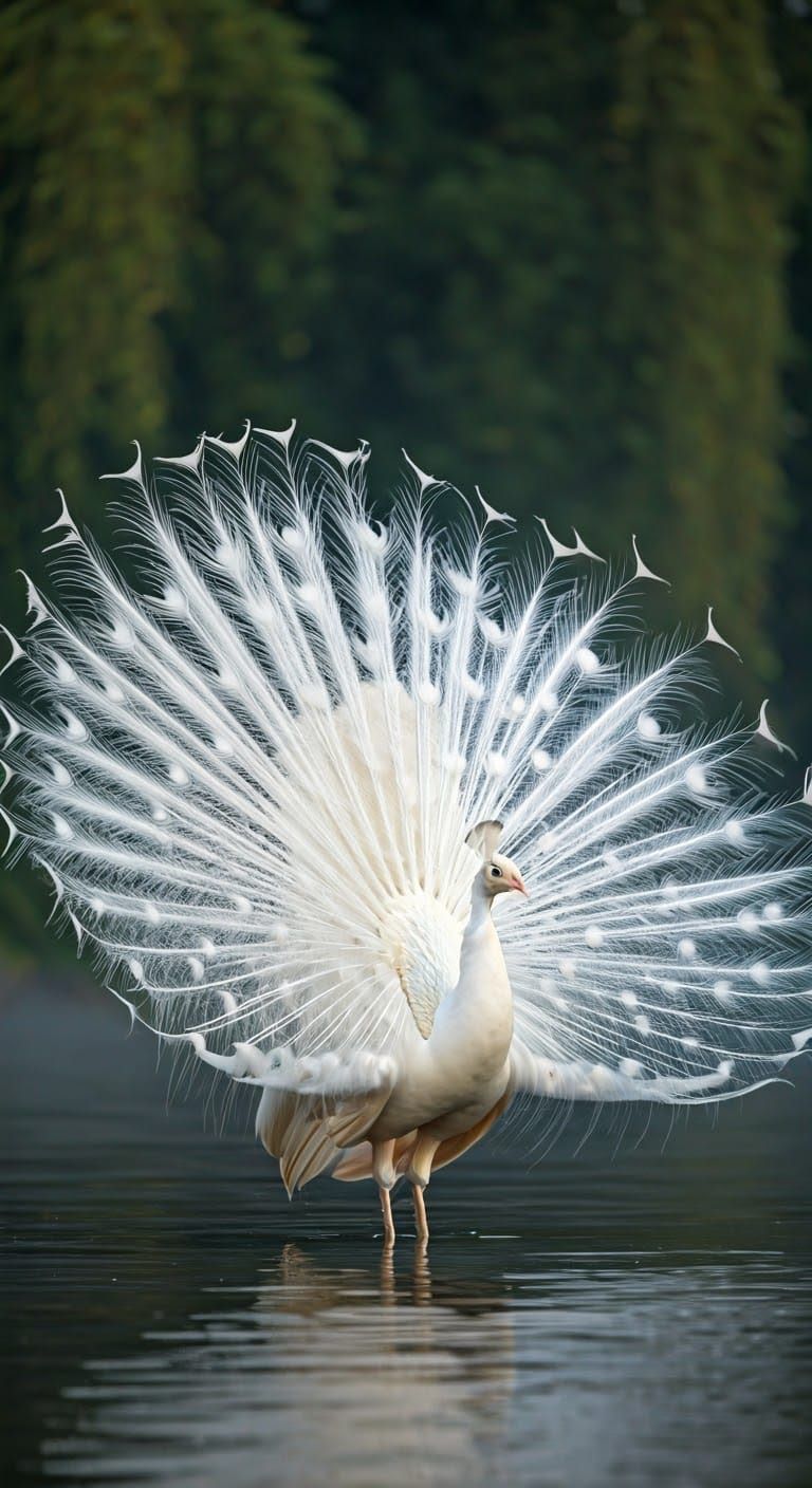 Albino Peacock Displays Resplendent Plumage at Dawn