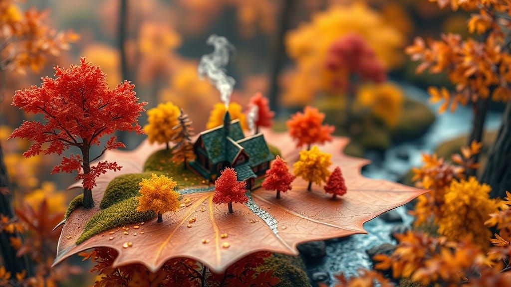 Cozy Autumn Village Diorama on Maple Leaf