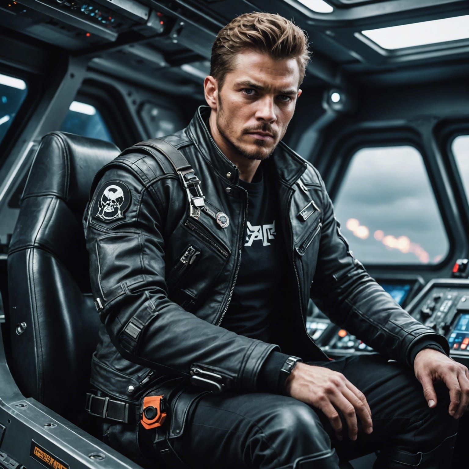Sci-Fi Space Pirate Leader in Spaceship Cockpit
