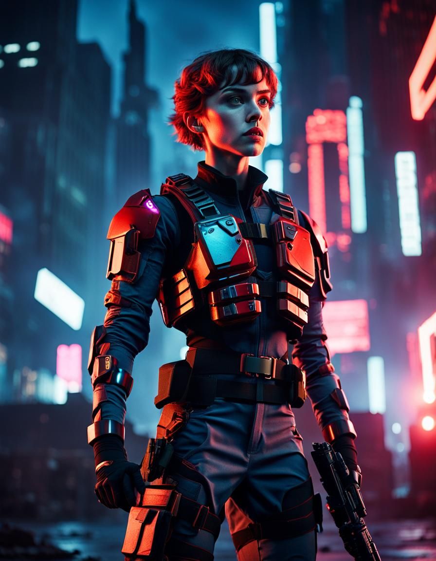 High-Tech Soldier in Futuristic Urban Warfare Setting