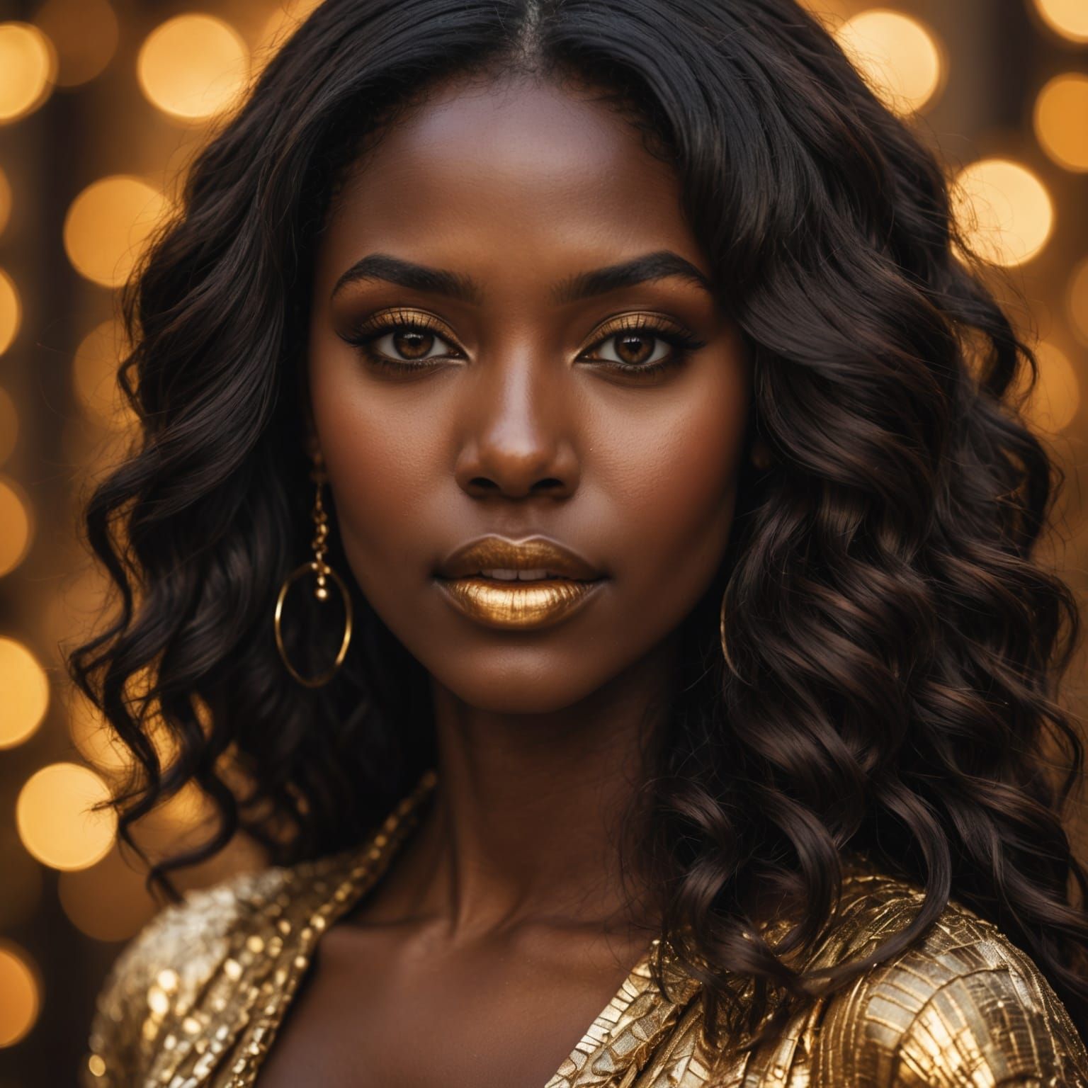 Elegant Dark-Skinned Woman in Golden Elegance