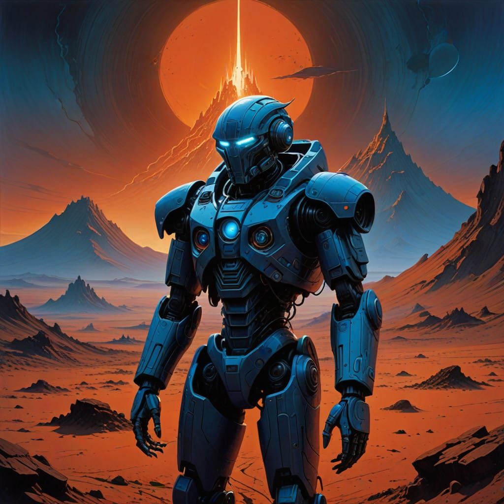 Futuristic Robot Stands Tall on Mars in Cyberpunk Style