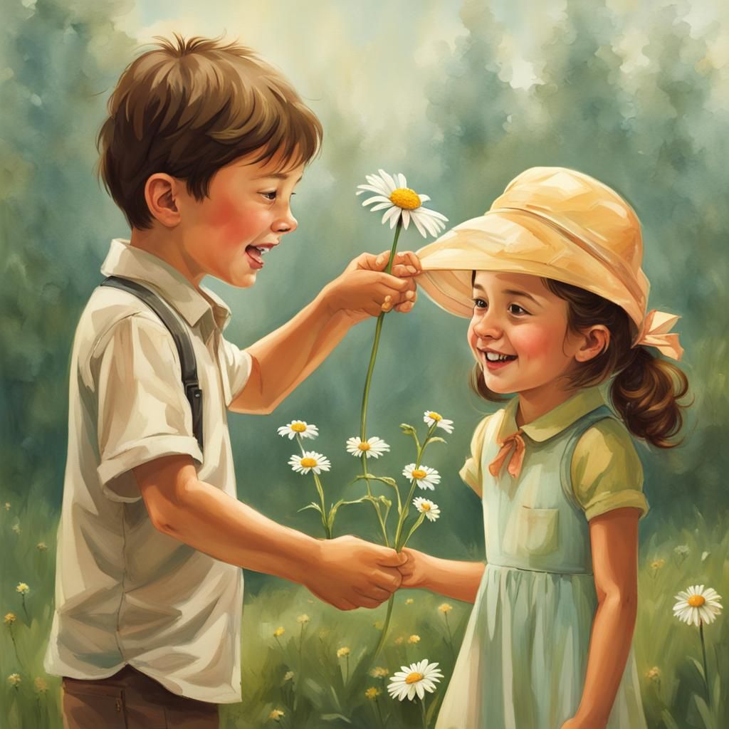 Innocent Affection: Boy Offers Daisy to Girl