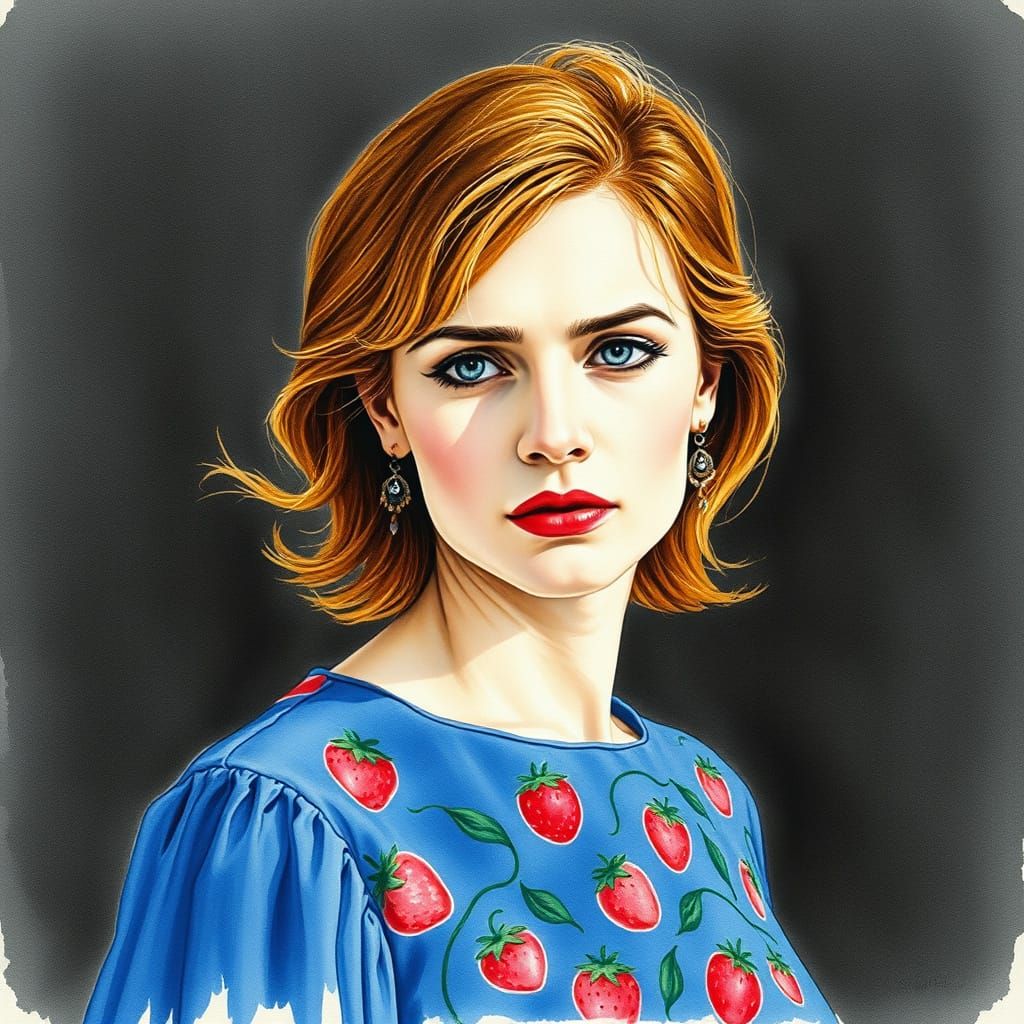 Woman in Blue Watercolor, Joshua Tree Landscape, Dark Fantas...