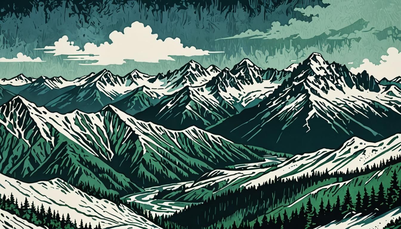 Cascade Mountains in Block Print Style