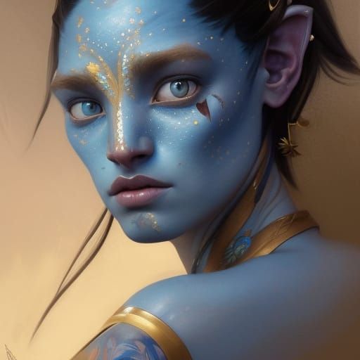 Blue Avatar Girl Portrait with Gold Markings