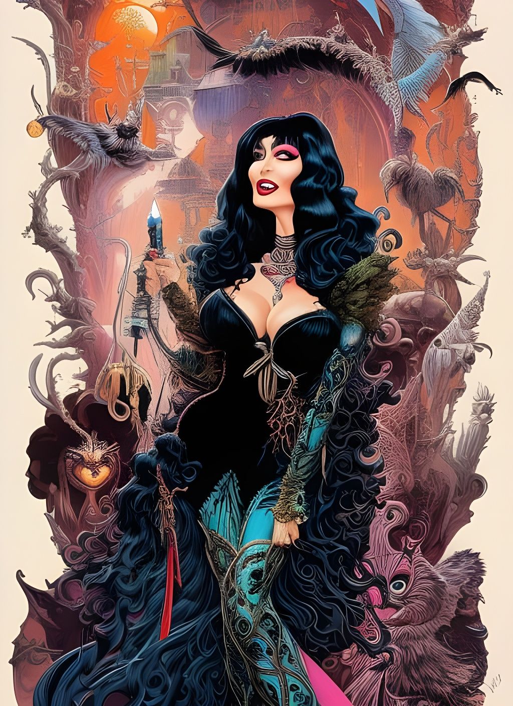 Elvira as Morticia Addams: Hyper-Detailed Watercolor Art
