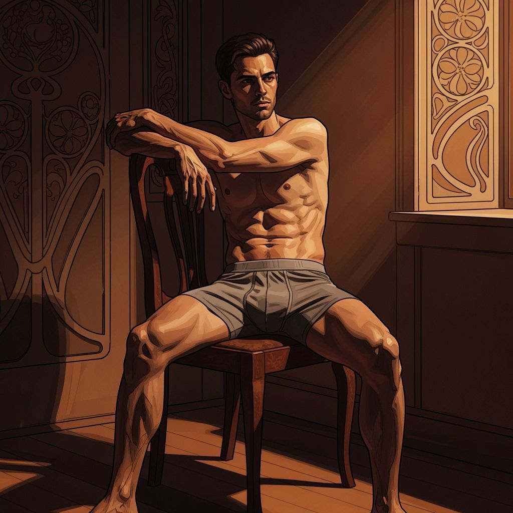 Man in Boxers on Vintage Chair, Mucha Style