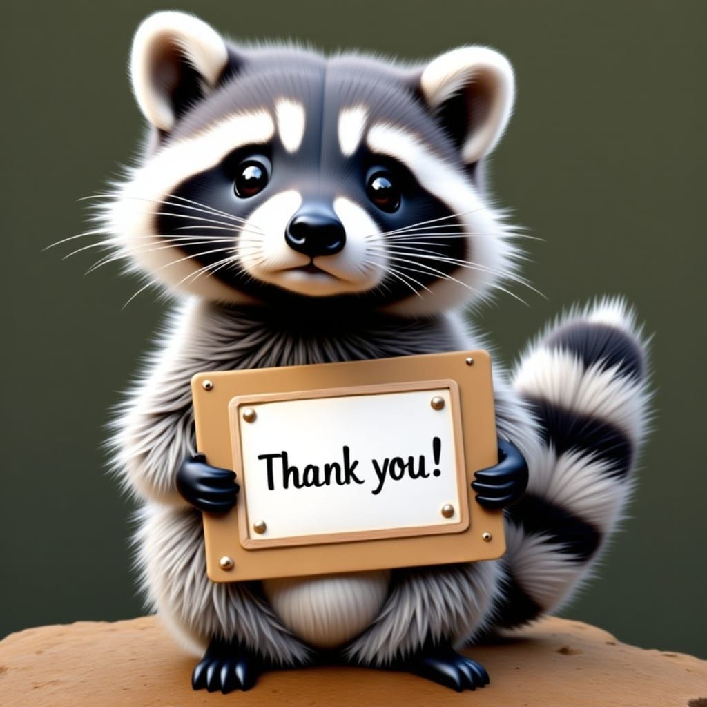 Cute Raccoon Holds Heartfelt Thank You Sign
