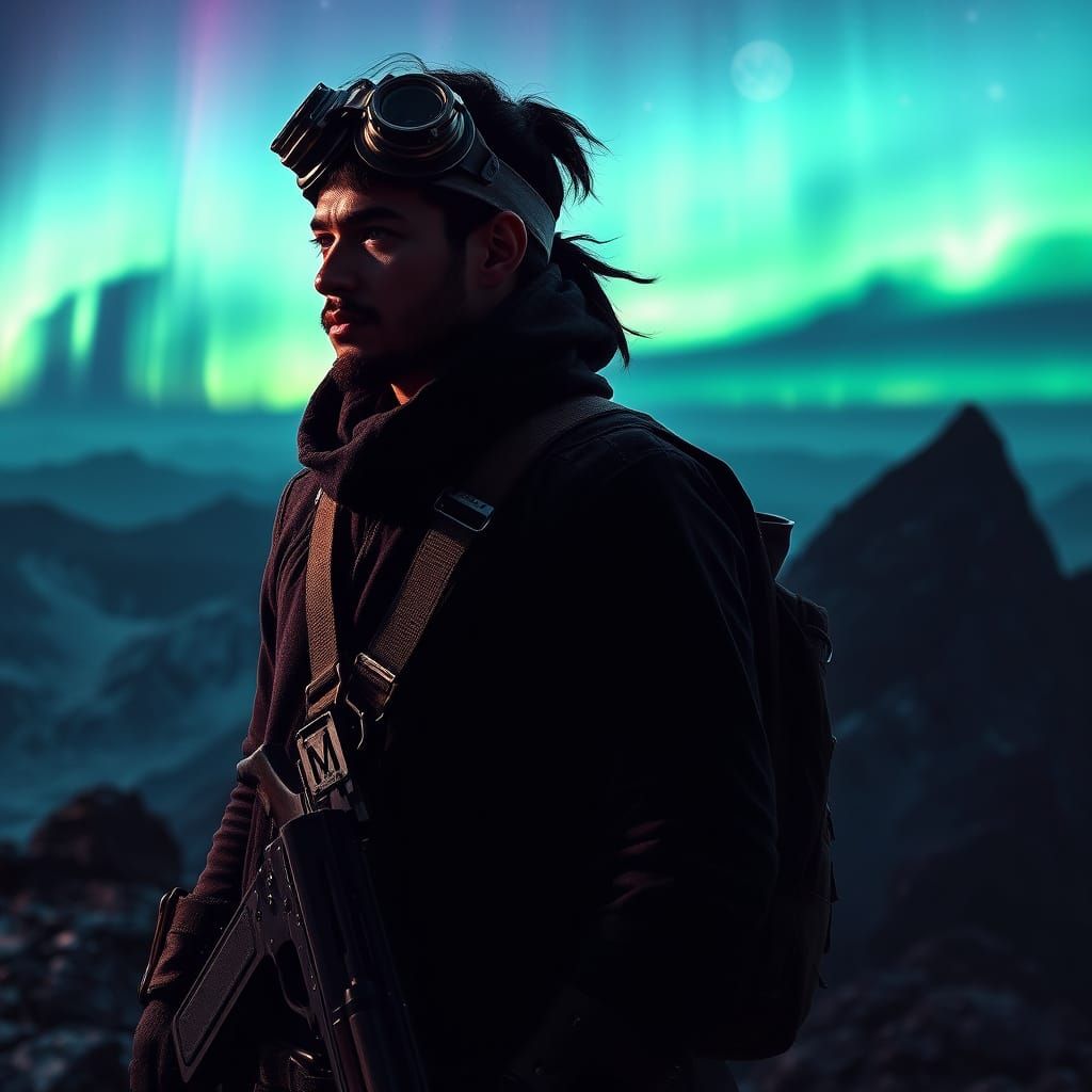 Steampunk Warrior Under Aurora Borealis