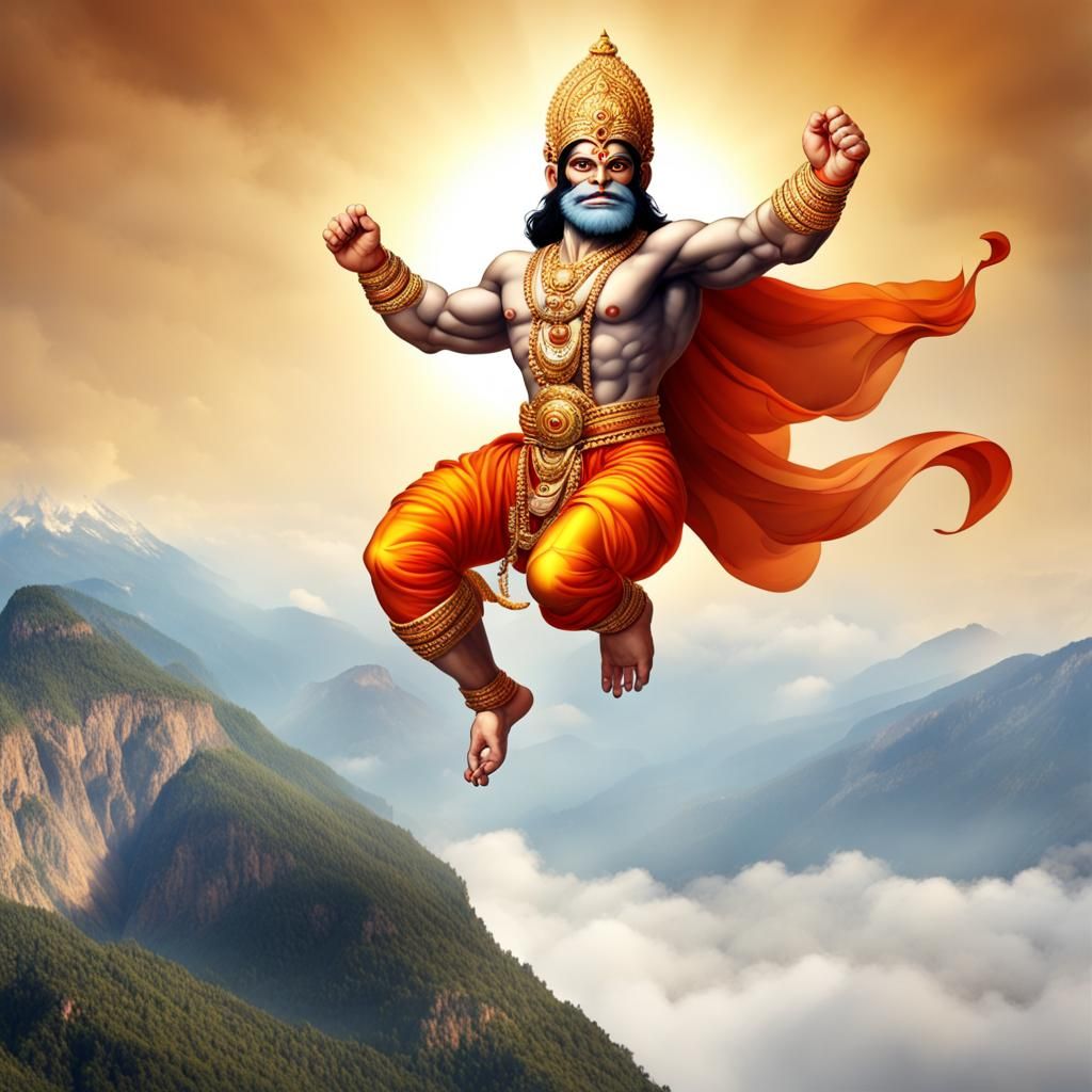 Hanuman Flying with Mountain: A Divine Scene