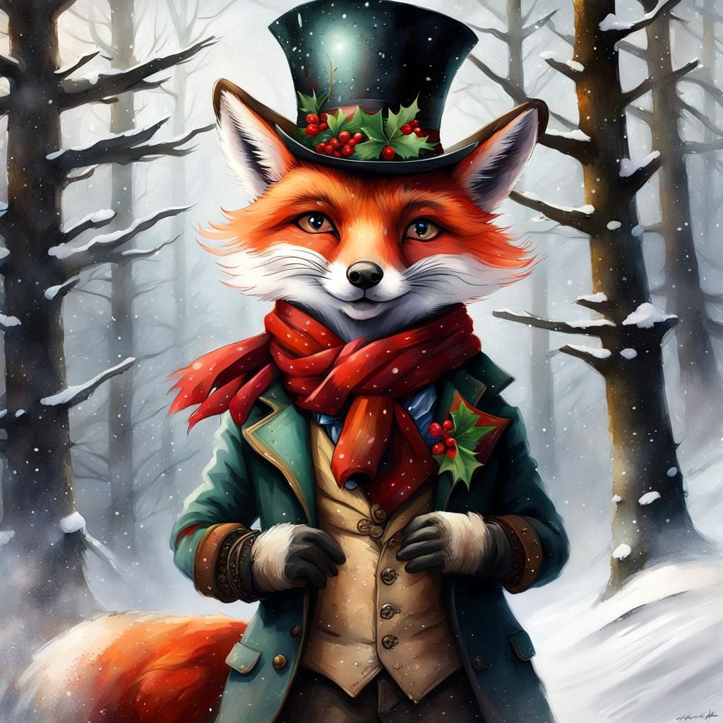 Festive Christmas Fox in Watercolor Style